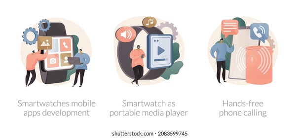 Wearable Devices Abstract Concept Vector Illustration Set. Smartwatches Mobile Apps Development, Smartwatch As Portable Media Player, Hands-free Phone Calling, Voice Command Calls Abstract Metaphor.