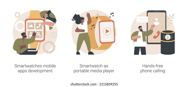 Wearable devices abstract concept vector illustration set. Smartwatches mobile apps development, smartwatch as portable media player, hands-free phone calling, voice command calls abstract metaphor.