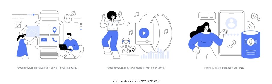 Wearable devices abstract concept vector illustration set. Smartwatches mobile apps development, smartwatch as portable media player, hands-free phone calling, voice command calls abstract metaphor.