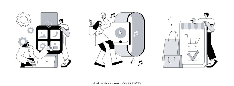 Wearable devices abstract concept vector illustration set. Smartwatches mobile apps development, portable media player, mobile based marketplace, dev team, e-shop app purchase abstract metaphor.