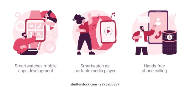 Wearable devices abstract concept vector illustration set. Smartwatches mobile apps development, smartwatch as portable media player, hands-free phone calling, voice command calls abstract metaphor.