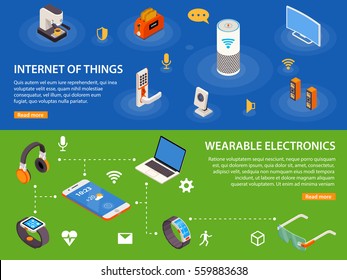 Wearable Electronic Devices And Internet Of Things  Iot 2 Isometric Infographic Banners Webpage Design Isolated Vector Illustration  