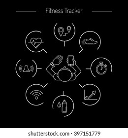 Wearable electronics fitness tracker, gadget activity tracker bracelet that reads the state of the body, sports activities in the gym or outdoors. tracker infographics performed in a linear style