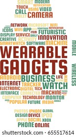 Wearable Gadgets Word Cloud Text Illustration in shape of a Smartwatch. Futuristic Gadgets keyword tags isolated vector. Transparent.
