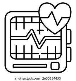 Ícone de rastreador de saúde vestível representado por Eletrocardiograma, batimento cardíaco, estilo de linha de onda.