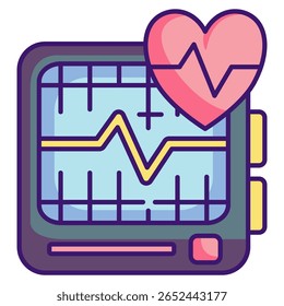 Ícone de rastreador de saúde vestível representado por Eletrocardiograma, batimento cardíaco, estilo de cor linear de onda.