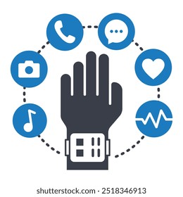 Wearable Interaction Icon. Smart watch with different symbols. Depicts interaction with a smartwatch, emphasizing wearable technology.Flat illustration. 