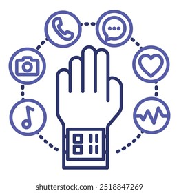 Wearable Interaction. Simple outline icon of samrt watch on hand with different symbols. Icon showcasing interface technologies for smart wearables and health monitoring. 