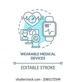 Wearable Medical Devices Blue Concept Icon. Patients Condition Monitoring With Digital Tools Abstract Idea Thin Line Illustration. Vector Isolated Outline Color Drawing. Editable Stroke