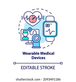 Wearable Medical Devices Concept Icon. Patients Condition Monitoring With Digital Tools Abstract Idea Thin Line Illustration. Vector Isolated Outline Color Drawing. Editable Stroke