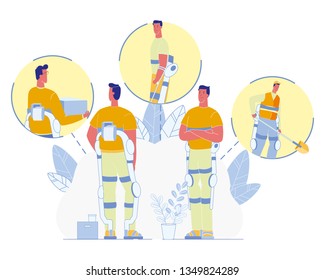 Wearable Robotic Exosuit for Disabled People and Industrial Workers Flat Vector. Man in Powered Exoskeleton Frame, Using Mechanic Muscles to Carry Heavy Box or Cargo, Digging with Shovel Illustration