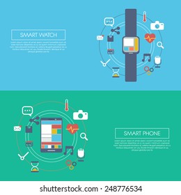 Wearable smart technology infographics template with smartwatch and smartphone. Applications icons for fitness trackers, social media, camera, health, etc. Eps10 vector illustration.