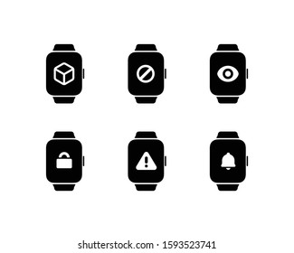 Wearable Smart Watch Icon Set: AR (Augmented Reality), Restricted Access, Privacy Visibility, Locked, Warning Alert, Bell Notification. Isolated, Solid Color and Flat Style Pictograms.