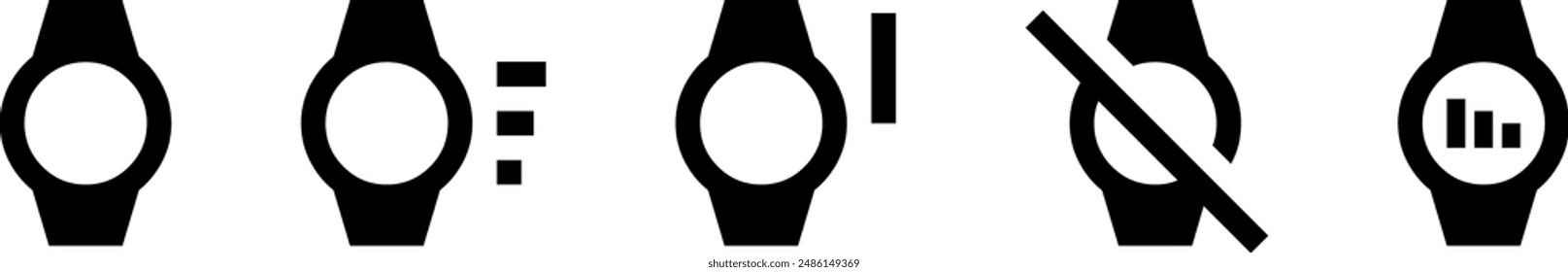 Wearable Smart Watch Icon Set: AR (Augmented Reality), Signalstärke, Ausschalten, Ein, Glockenbenachrichtigung. Isolierte, einfarbige und flache Piktogramme.