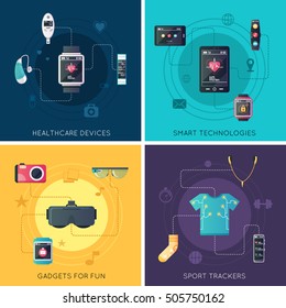 Wearable tech gadgets 4 flat icons square  design with augmented reality glasses and fitness tracker isolated vector illustration 