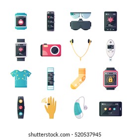 Wearable tech gadgets flat icons set with augmented reality glasses smartwatch and fitness tracker isolated vector illustration 