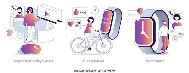 Wearable Tech set. Augmented reality glasses, fitness tracker, and smartwatch enhancing daily activities. Interactive and health-conscious digital lifestyle. Vector illustration.