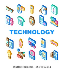 wearable technologies sensor icons set vector. smartwatch, fitness, tracker health, monitor connectivity, innovation, fashion wearable technologies sensor isometric sign illustrations