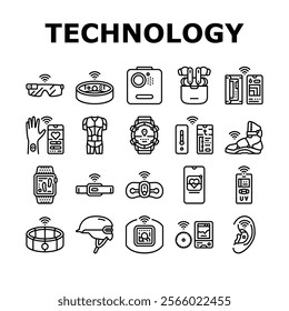 wearable technologies tracker icons set vector. wearables smartwatch, fitness tracker, health, monitor sensors, connectivity wearable technologies tracker black contour illustrations