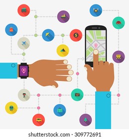 Wearable technology concept. Everyday life using. Map directions and traveling with smart watch and smartphone