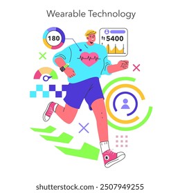 Wearable Technology concept. A man jogging with smartwatch displaying fitness stats. Health monitoring and active lifestyle trend. Vector illustration.