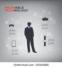 Wearable technology concept vector infographics with smart devices such as smartwatch, virtual reality, fitness tracker and smartphone. Eps10 vector illustration.