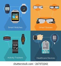 Wearable technology design concept set with smart watches glasses activity trackers flat icons isolated vector illustration