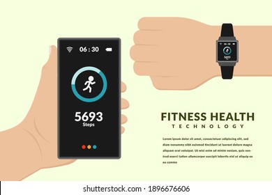 wearable technology for fitness tracker by hand holding smartphone and wearing smartwatch vector design