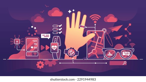 Tecnología usable para la vigilancia de la salud y el concepto de esquema de seguimiento del GPS. Reloj inteligente o gafas con tecnología integrada para la actividad deportiva, el ritmo cardíaco, el pulso o el nivel de oxígeno, ilustración vectorial.