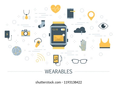Wearable technology for a healthcare and communication. Digital device with internet connection. Smartphone and fitness watch, sock and glasses. Set of icons. Isolated flat vector illustration