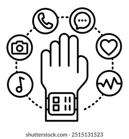 Wearable Technology icon. Smart watch with multi-function symbols. Smart watch with connected icons representing smart wearable technology. Vector illustration