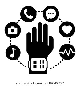 Wearable technology icon. Smartwatch in Hand Wearing a Smartwatch with Various Icons Surrounding. Flat illustration style. 