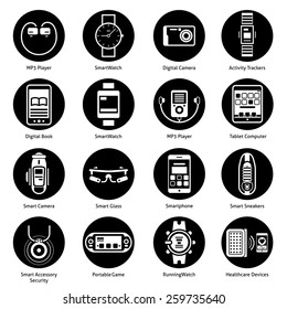 Wearable technology icons black set with mp3 player smart watch digital camera activity trackers isolated vector illustration