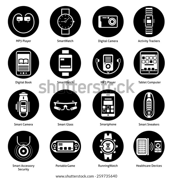 Wearable technology icons black set with mp3\
player smart watch digital camera activity trackers isolated vector\
illustration