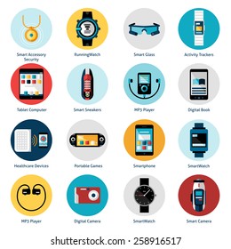 Iconos de tecnología de uso establecido con accesorios inteligentes ejecutando rastreadores de actividad de relojes aislados ilustración vectorial