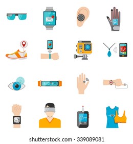 Wearable technology icons set with watch and health control symbols flat isolated vector illustration 