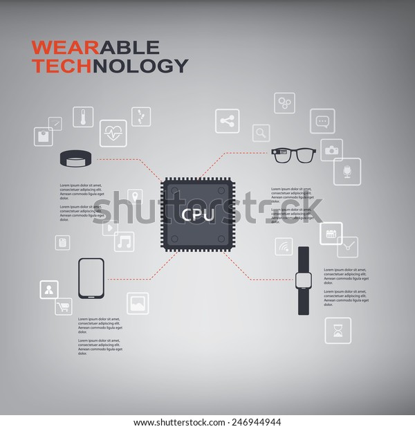 Wearable technology\
infographics with smart devices, icons and CPU chip. Eps10 vector\
illustration.