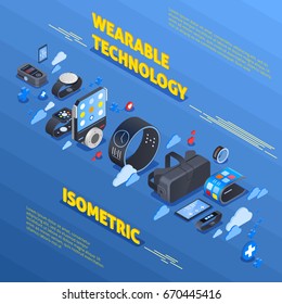 Wearable technology isometric composition with devices for health, watches, fitness trackers on blue textured background vector illustration