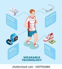 Wearable technology isometric composition with jogging man wearing smart shoes watch ar glasses wireless speaker vector illustration 