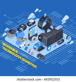 Wearable Technology Isometric Design With Smart Clothing, Virtual Reality Glasses, Watches, Smartphone On Blue Background Vector Illustration