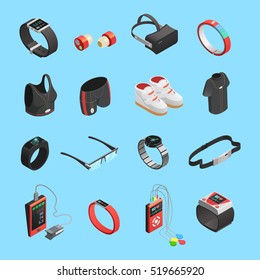 Iconos isométricos de tecnología de uso que se establecen con dispositivos digitales portátiles ilustraciones vectoriales aisladas