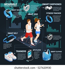 Wearable Technology Isometric Infographics Set With Running People And Digital Gadgets Vector Illustration