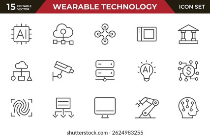 wearable technology line icon set. Depicts various wearable devices designed for fitness tracking, communication, and health monitoring.