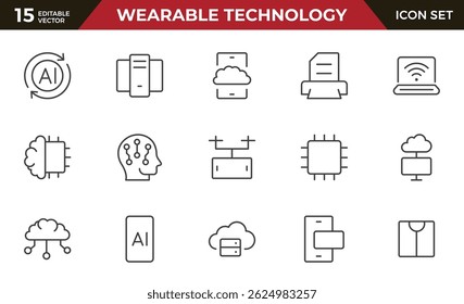 wearable technology line icon set. Depicts various wearable devices designed for fitness tracking, communication, and health monitoring.