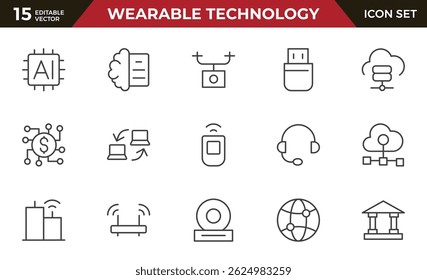 wearable technology line icon set. Depicts various wearable devices designed for fitness tracking, communication, and health monitoring.