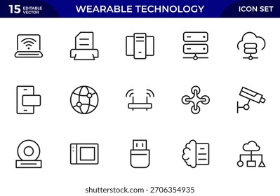Wearable technology line icon set. Depicts various wearable devices designed for fitness tracking, communication. Thin outline icons pack. Vector illustration