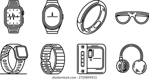 Wearable technology line icons set. Smart devices, health trackers, and gadgets vector illustration collection