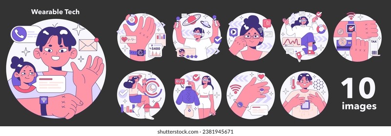 Wearable technology night or dark mode set. Character using electronic smart device to monitor, analyze and transmit personal data. Smartwatches, smartglasses or accessories. Flat vector illustration