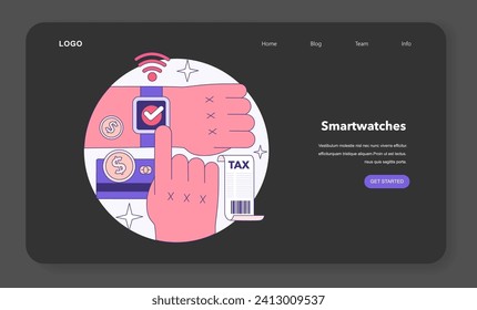Wearable technology night or dark mode web banner or landing page. Character using electronic device to monitor, analyze and transmit personal data. Smartwatches. Flat vector illustration