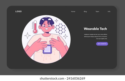 Wearable technology night or dark mode web banner or landing page. Character using electronic device to monitor, analyze and transmit personal data. Smart accessories. Flat vector illustration